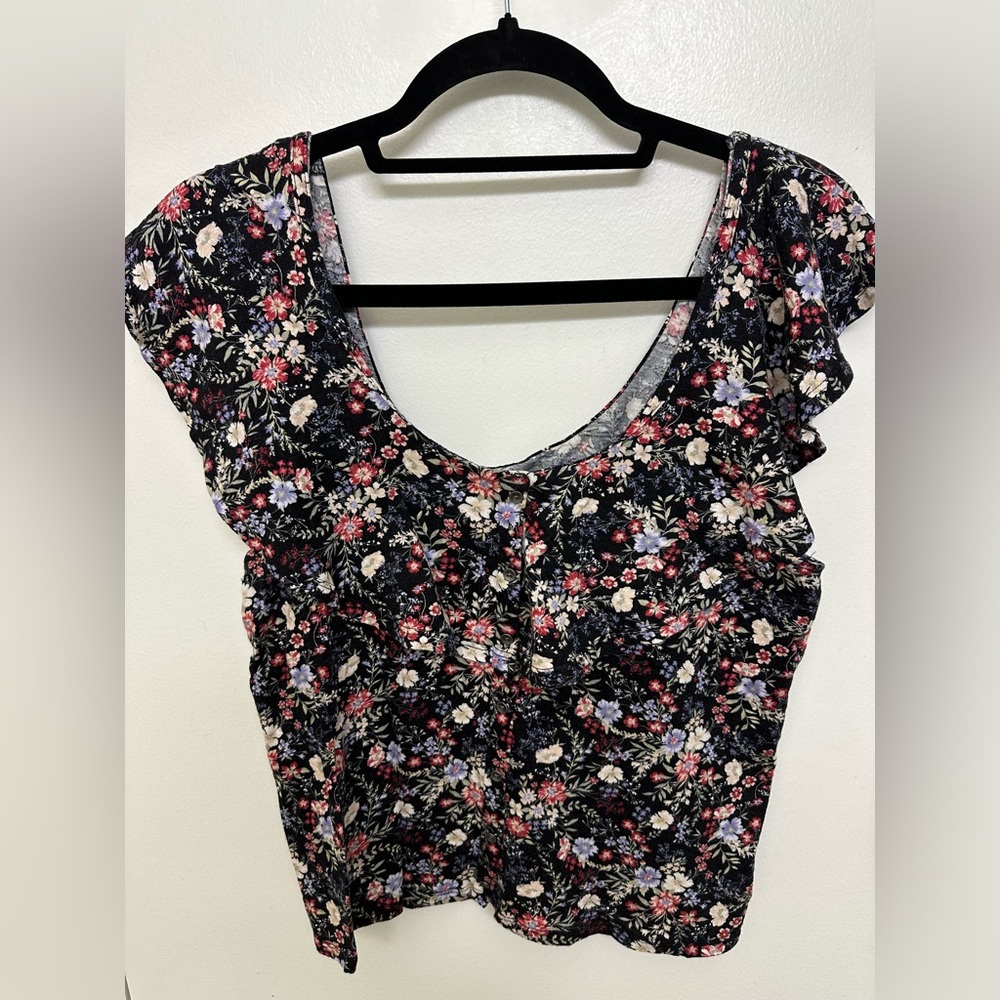 American Eagle Floral Off Shoulder Button Up Ruffle Top, Size L